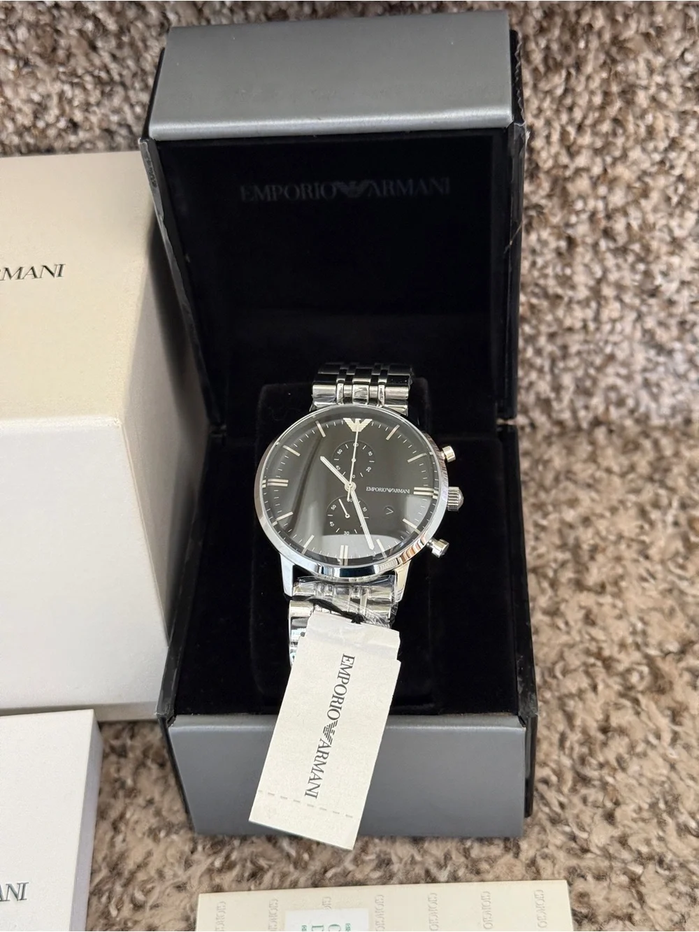 Emporio Armani Silver and Black Men's Chronograph Watch